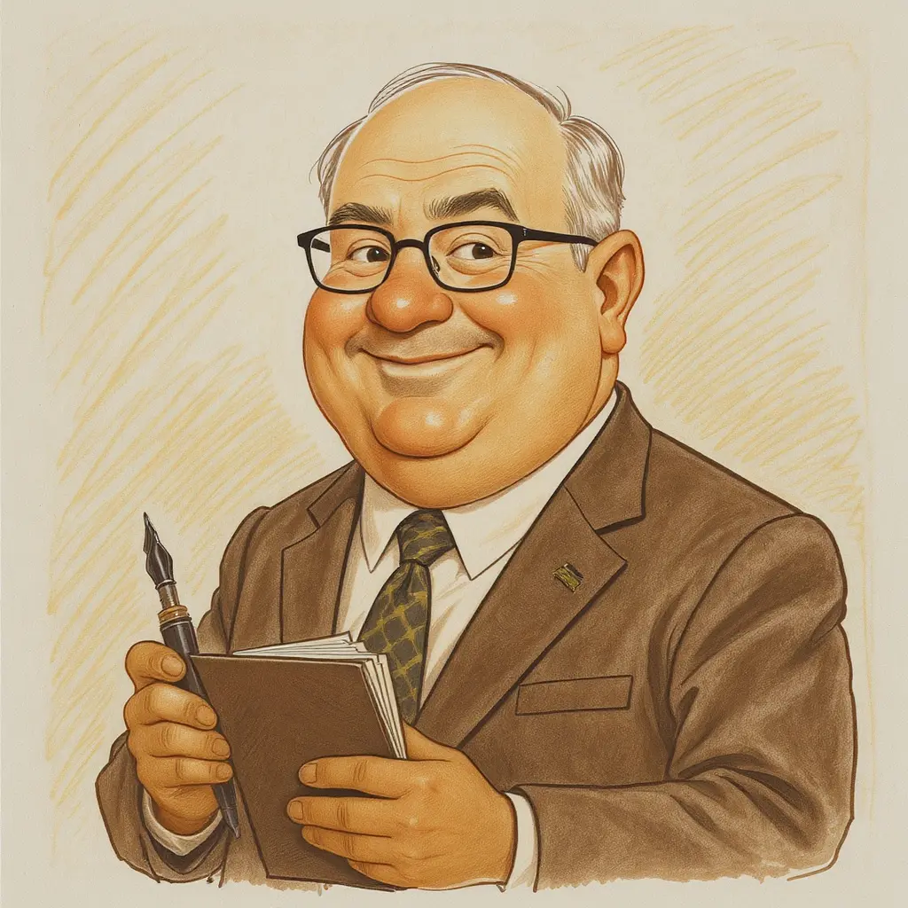 Warm caricature of a meticulous corporate compliance officer with a small official-looking form folder and a fountain pen.