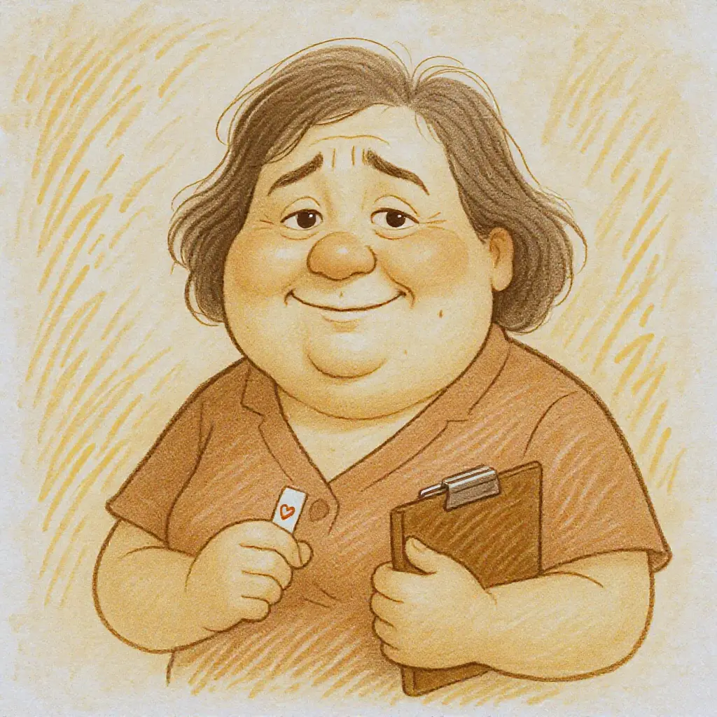 Warm caricature of an exhausted ER charge nurse, with a small heart-rate strip and a calm, kind expression.