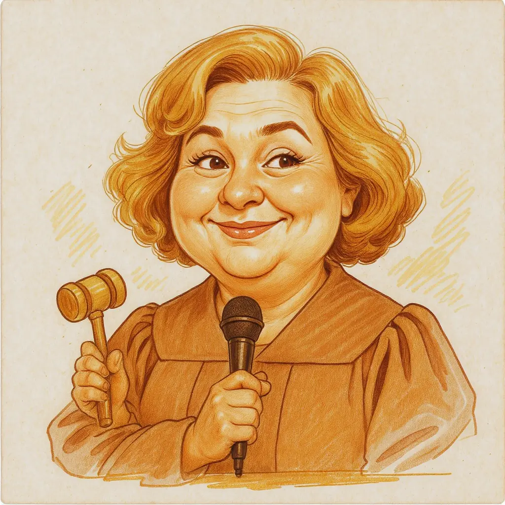 Warm caricature of a reality-TV judge with a small gavel in one hand and a microphone at chin height.